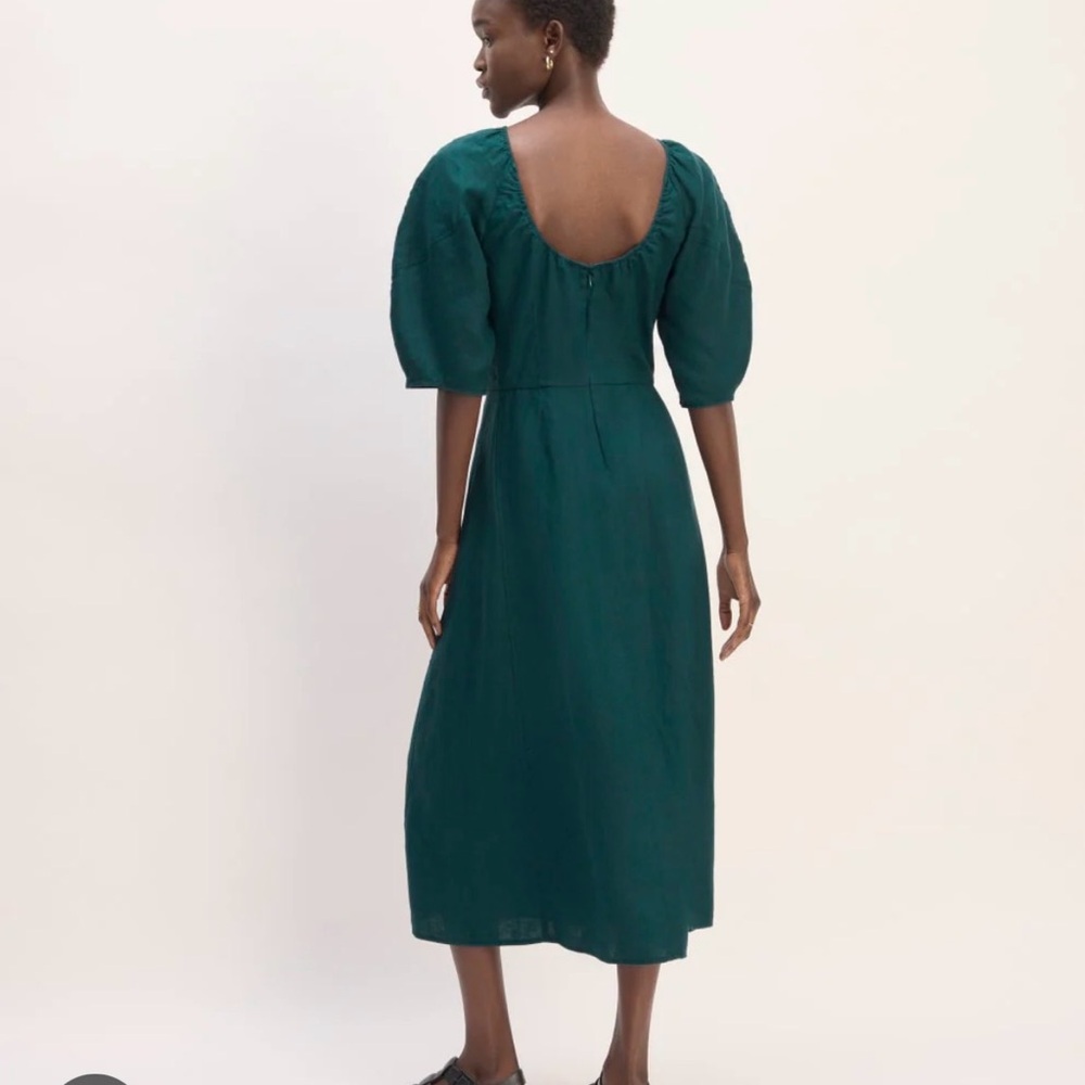 NWT Everlane Linen puff-sleeve midi dress, deep ocean green, sz 0